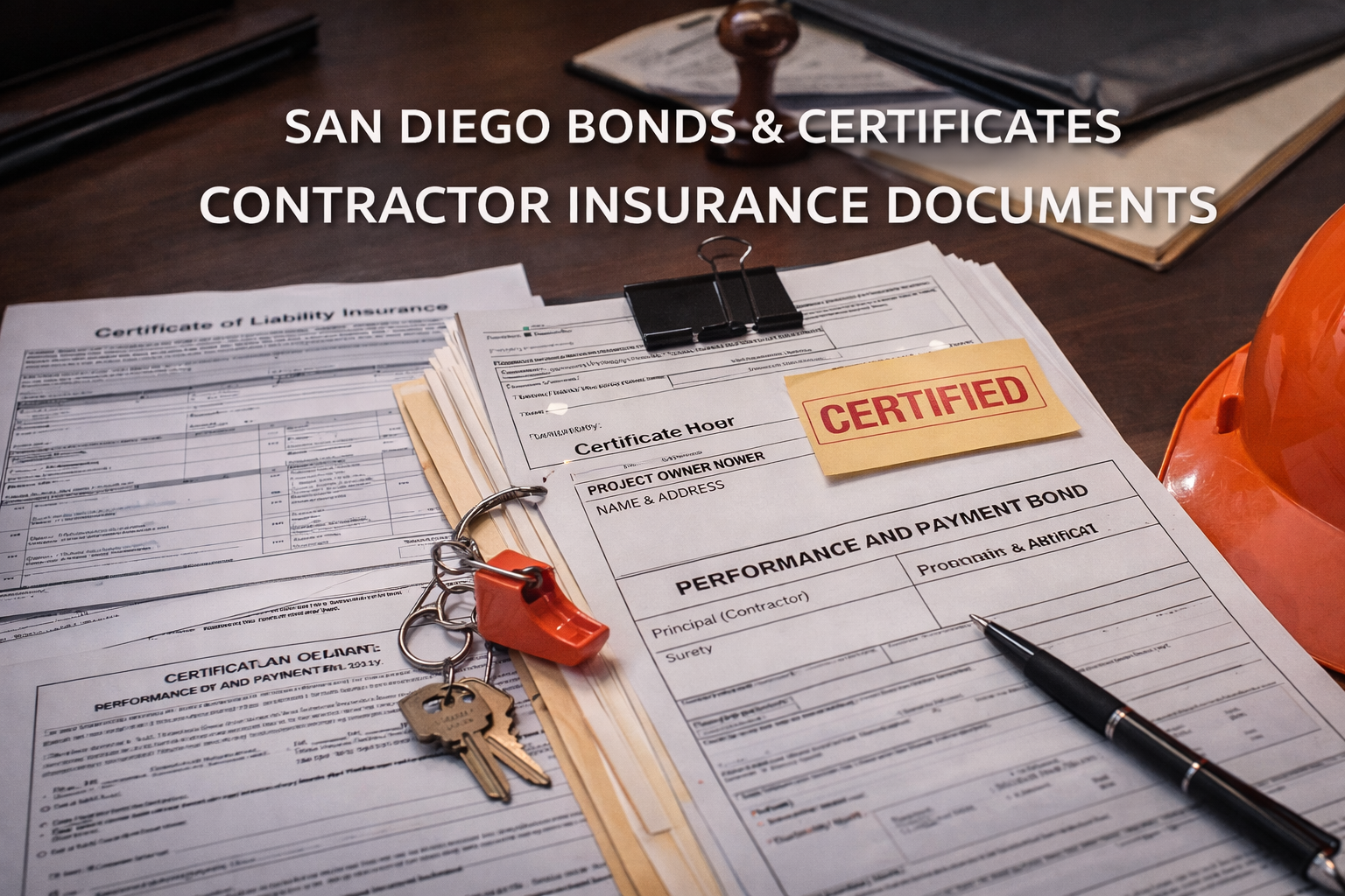 Certificados de seguro y documentos de fianza para una cuenta de contratista en San Diego