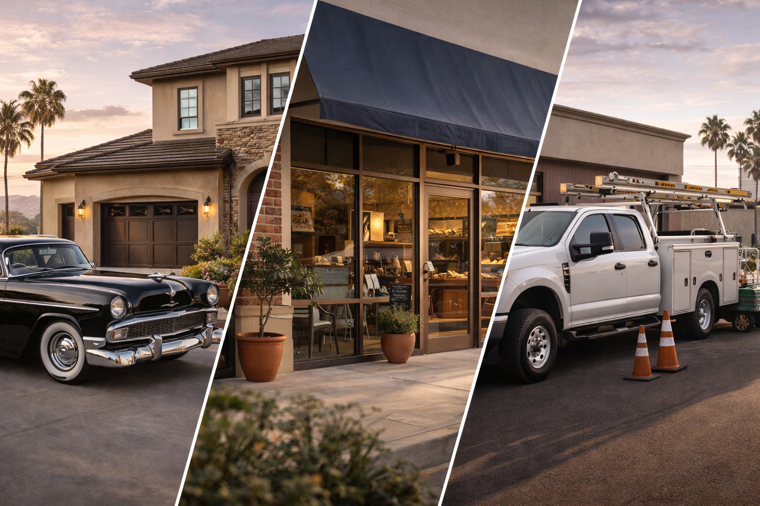 Collage de cobertura de seguros para hogar negocio vehiculos y riesgos especiales en San Diego
