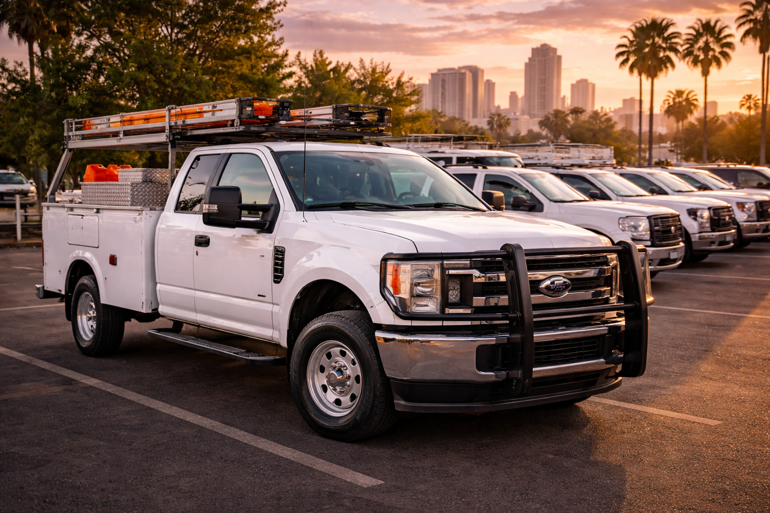 Camiones de trabajo en San Diego que representan seguro de auto comercial y flotillas